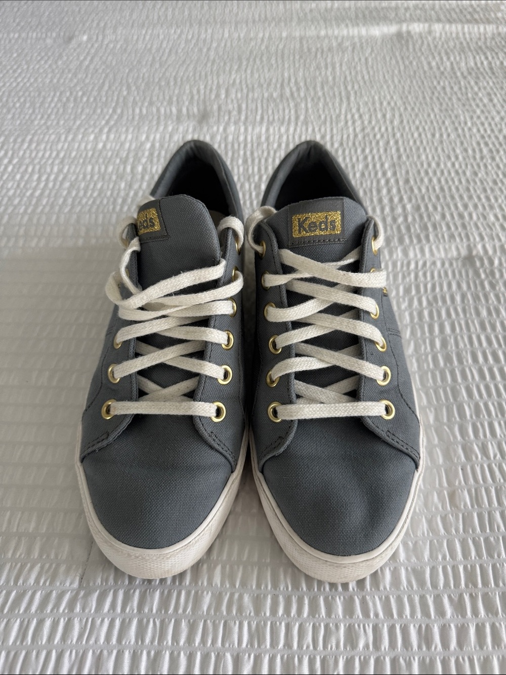 Keds Gray Canvas Sneakers with White Laces and Gold Accents